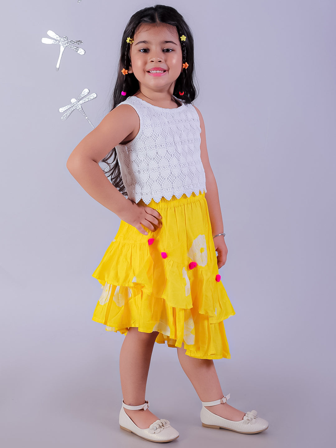 Shibori Print White Top with Yellow Skirt Set For Girls