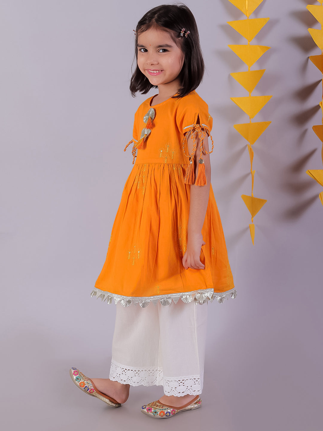 Marigold magic Girls Orange Cotton Kurta and White Pyjama Ethnic Set