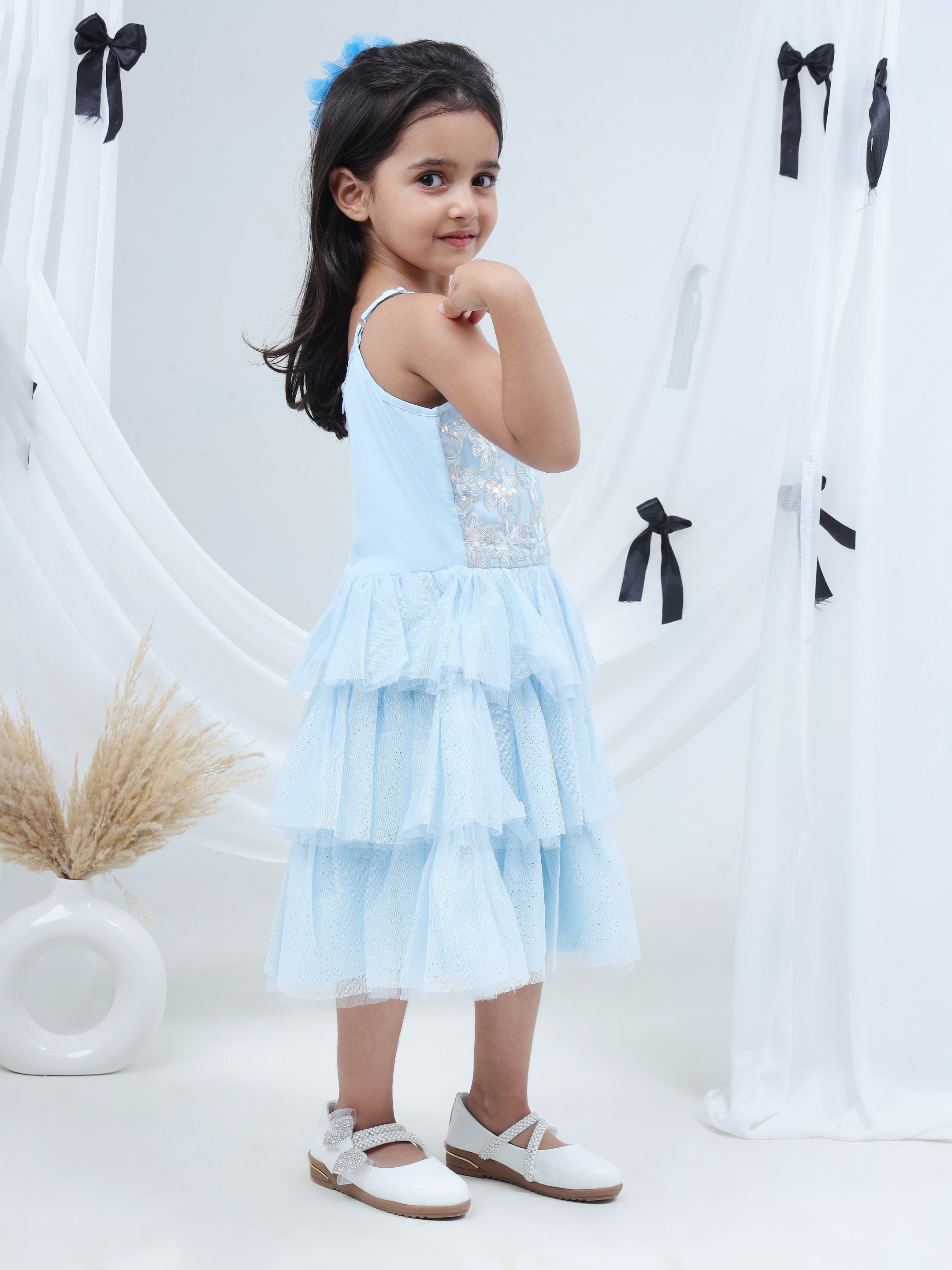 Razzle Dazzle Sky Blue Party Dress with Shrug for Girls