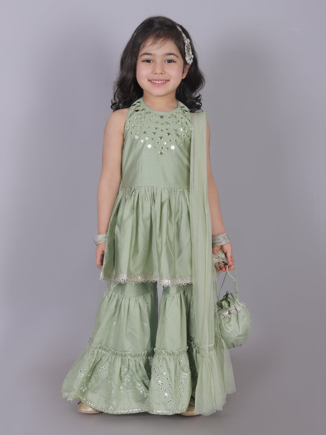 Zarqa Girls Green Kurta with Sharara and dupatta set