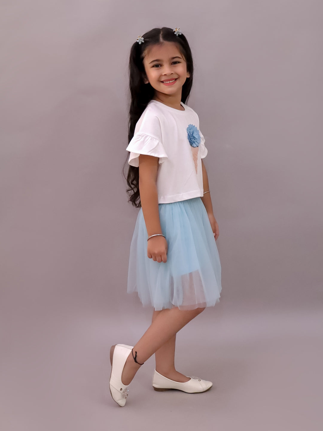 Paris Night White T-shirt with Blue Skirt Set For Girls