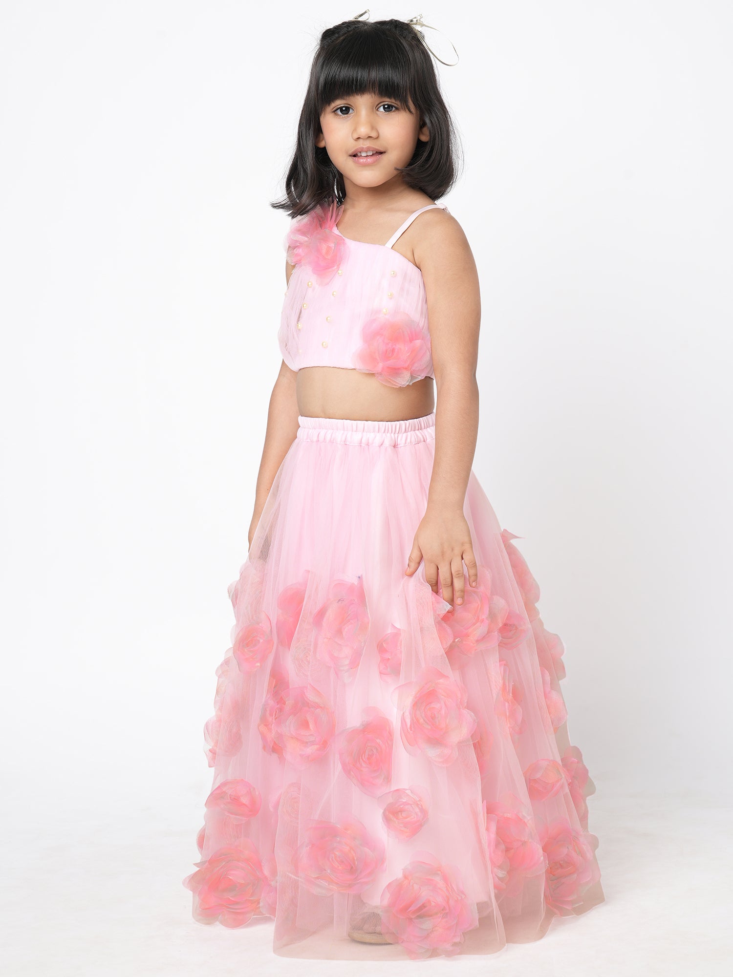 Paris Nights Girls Pink 3D Flower Embellished Lehanga Top