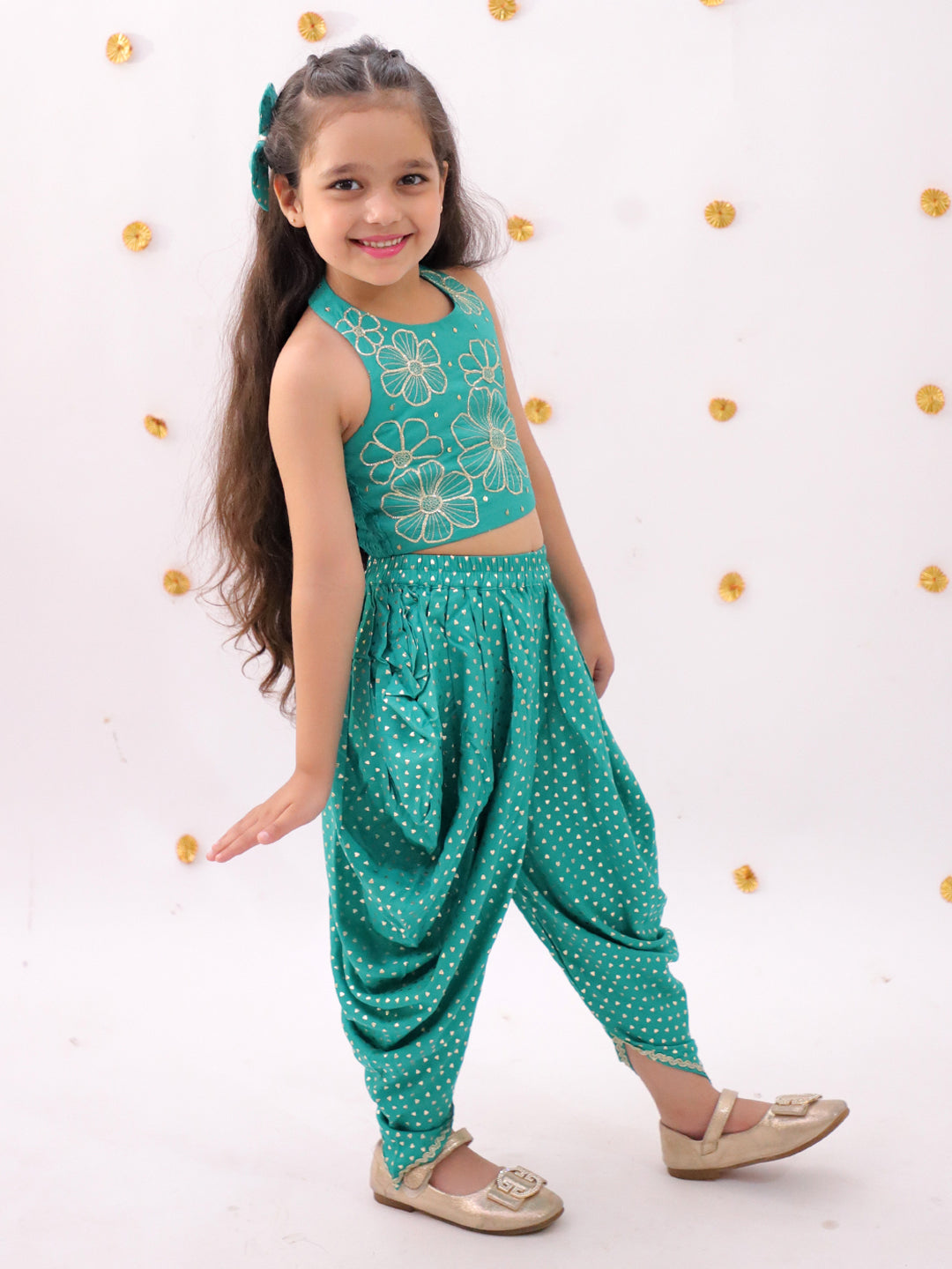 Khilkhilahat Green Crop Top and Dhoti Set For Girls