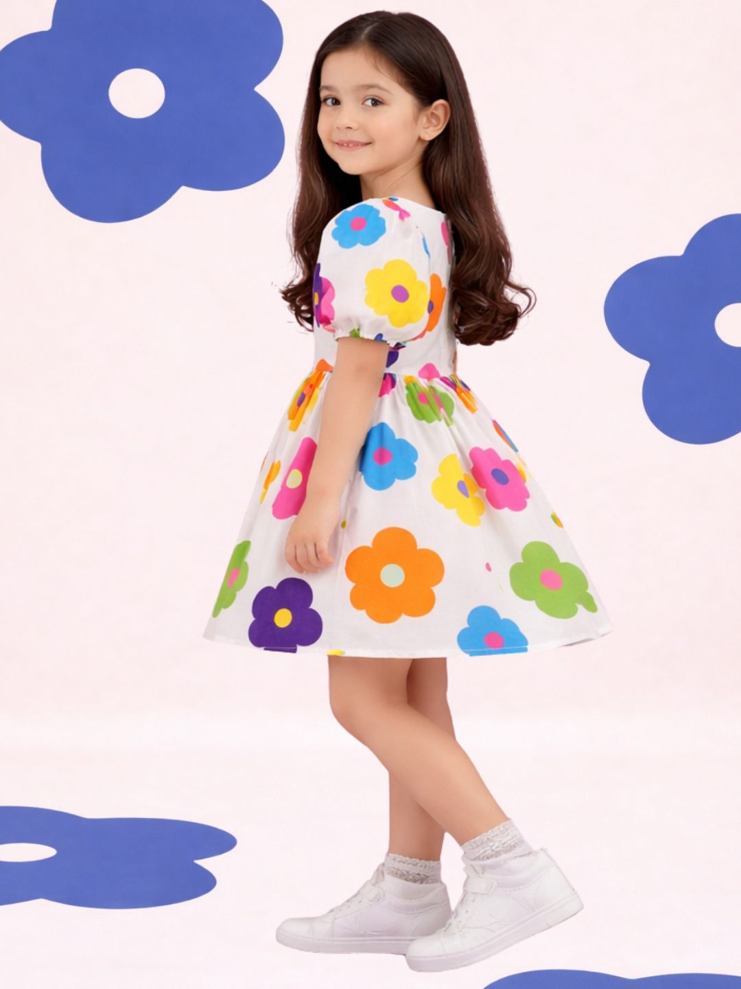 Petal Play Girls Cotton White Floral Dress