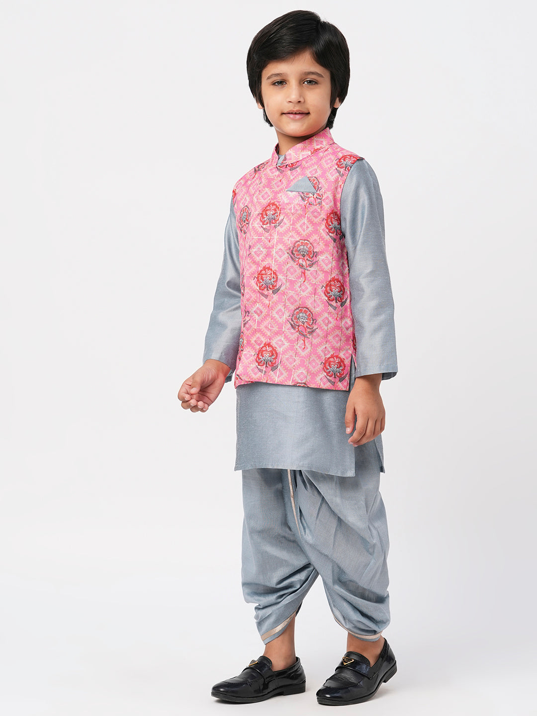 Raangoli Boys Grey Kurta with Dhotiand Jacket set