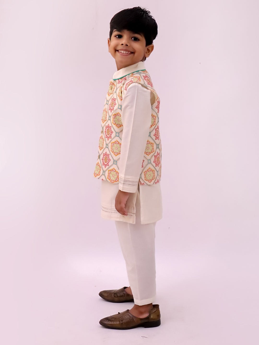 Mishti White Kurta Pyjama and Jacket For Boys