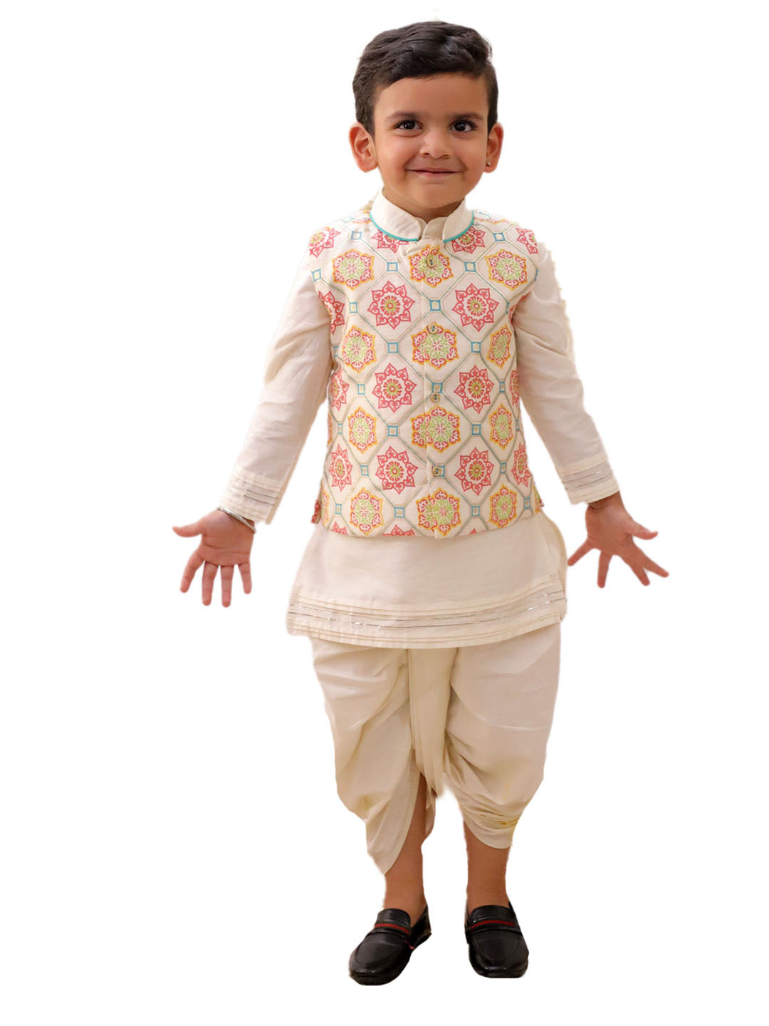 Mishti White Kurta Dhoti and Jacket For Boys