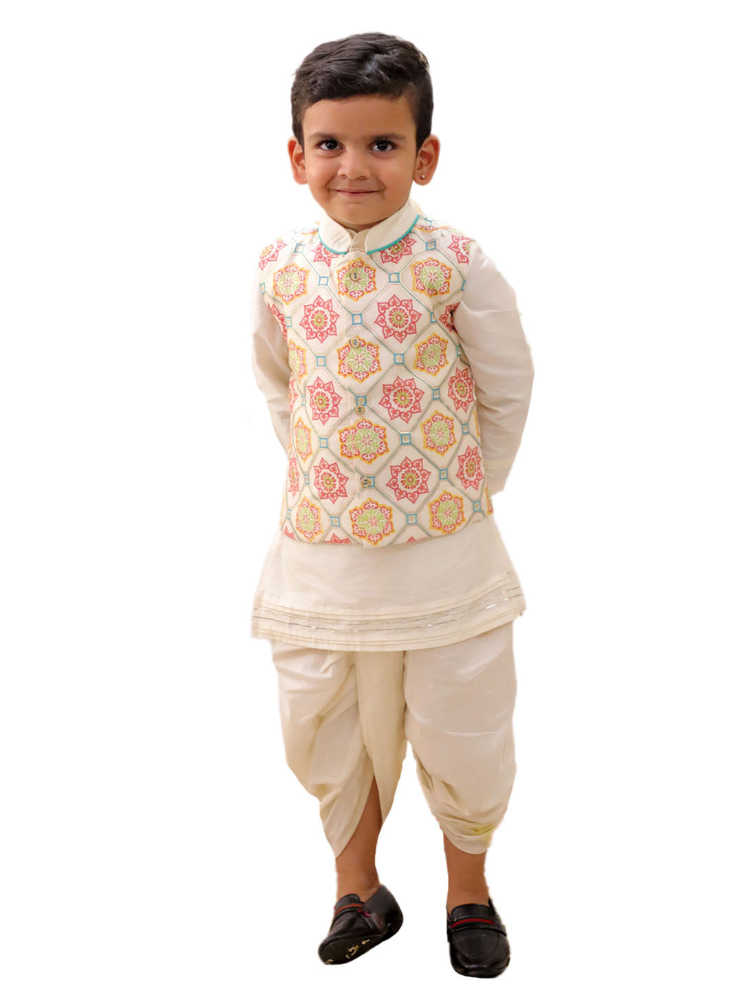 Mishti White Kurta Dhoti and Jacket For Boys