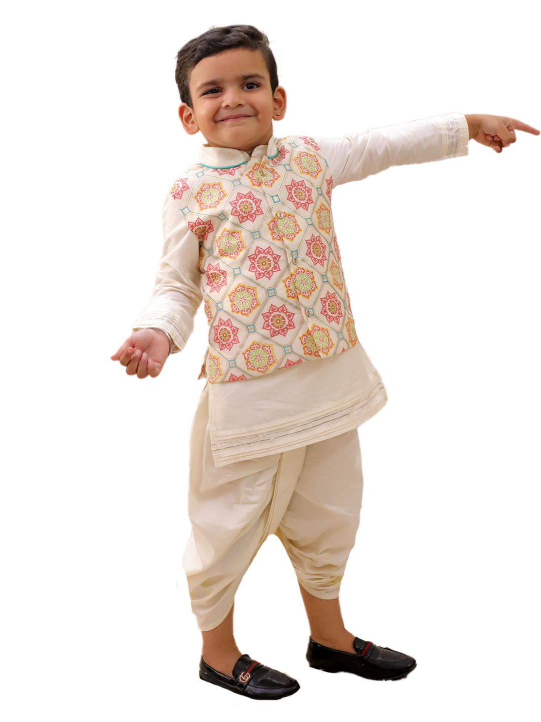 Mishti White Kurta Dhoti and Jacket For Boys