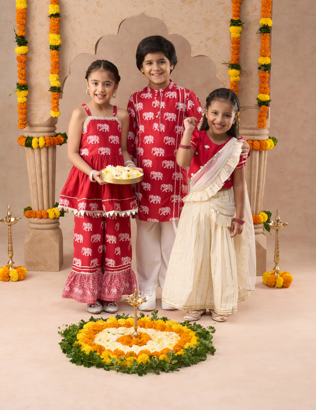 Girls Stylish Off White Lehenga with Red Choli and Dupatta Set