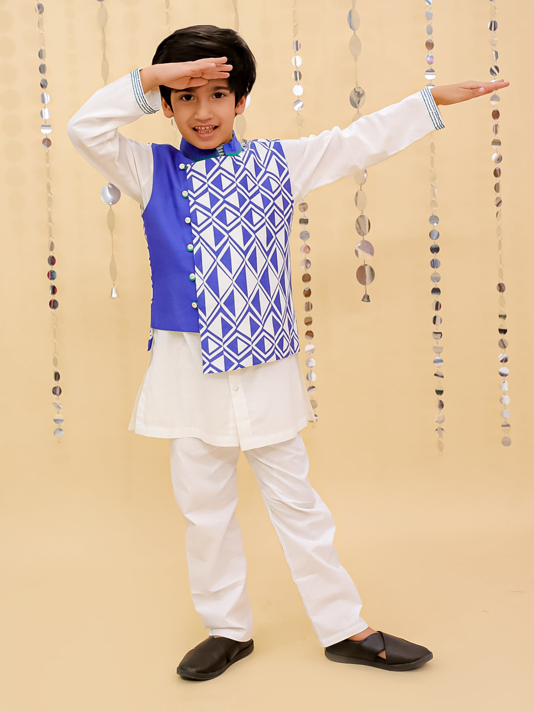 Shor-Gul White Kurta Pyjama with Blue Jacket Set For Boys