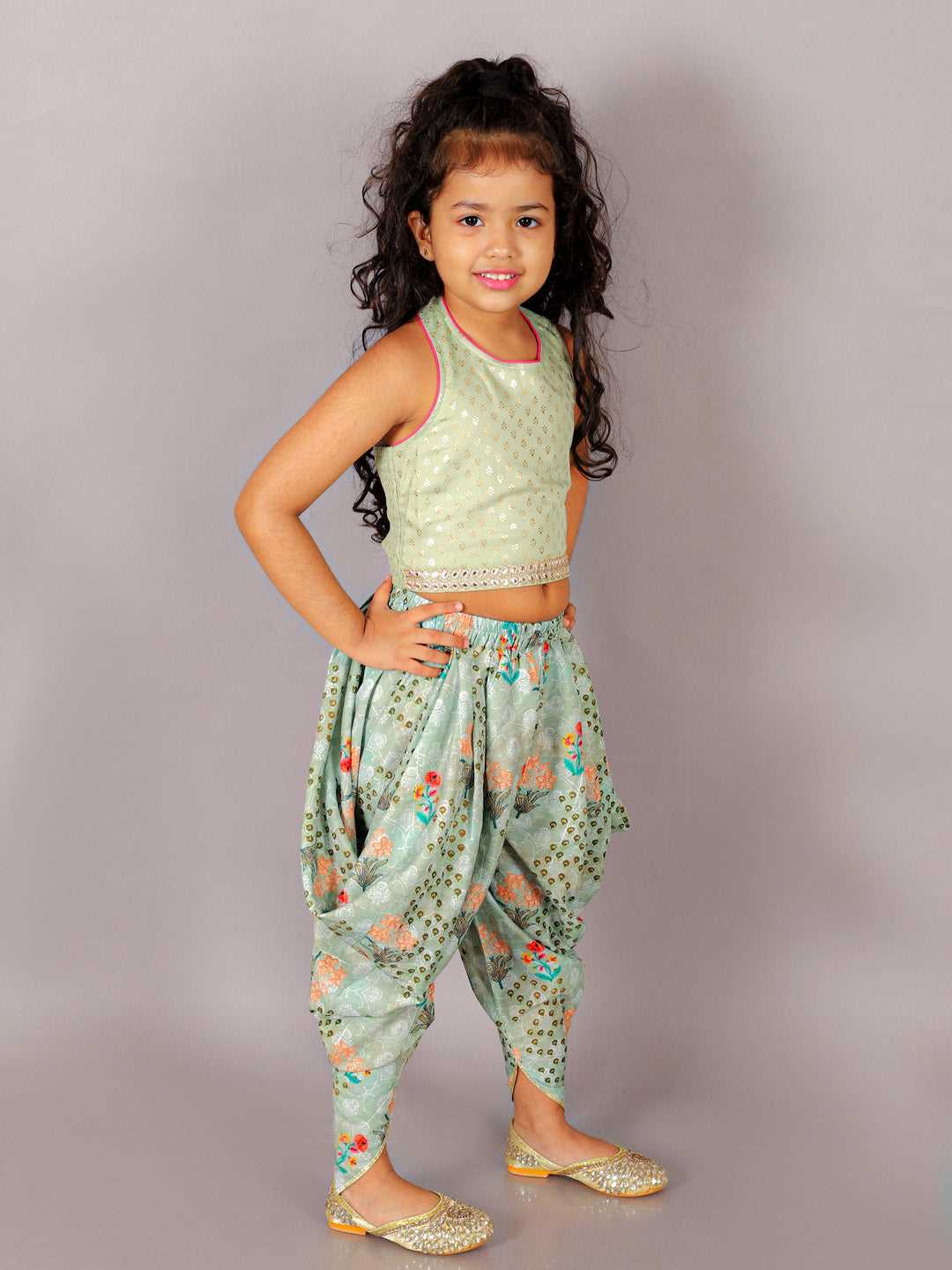 Fusion Fair Girls Green Crop Top with Dhoti Girls Co-ordinate set
