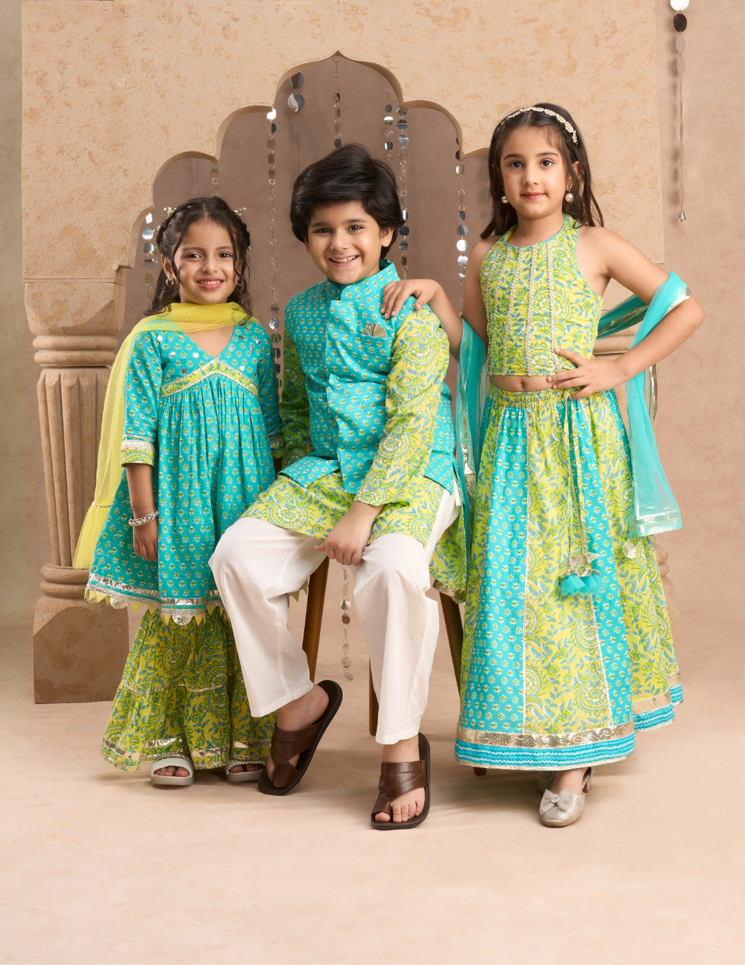 Jaipur Girls Green Cotton Kurta with Sharara with Dupata Ethnic Set