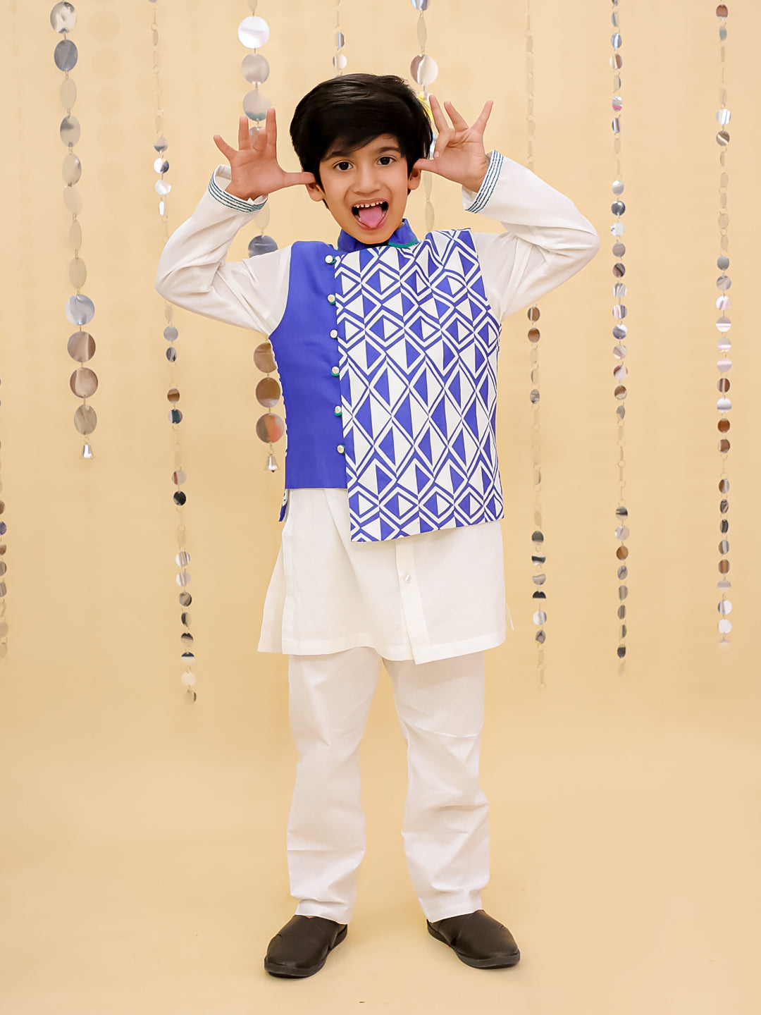 Shor-Gul White Kurta Pyjama with Blue Jacket Set For Boys