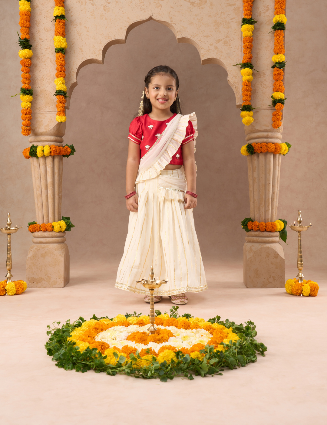 Girls Stylish Off White Lehenga with Red Choli and Dupatta Set