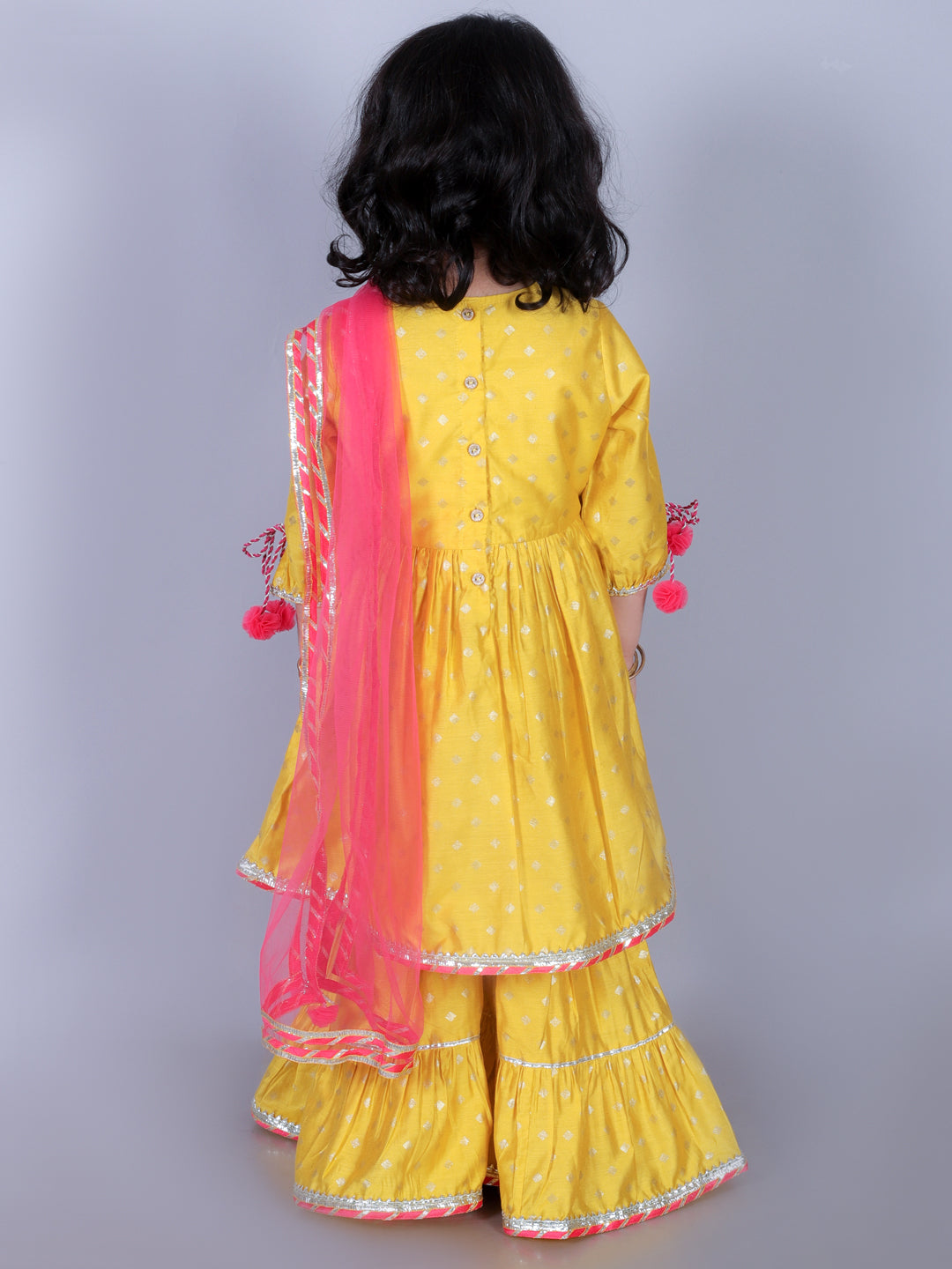 Zarqa Girls Yellow kurta with Sharara and Dupatta set