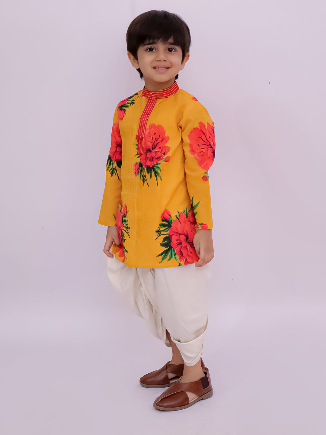 Genda Phool Mustard Kurta and White Dhoti Set for Boys