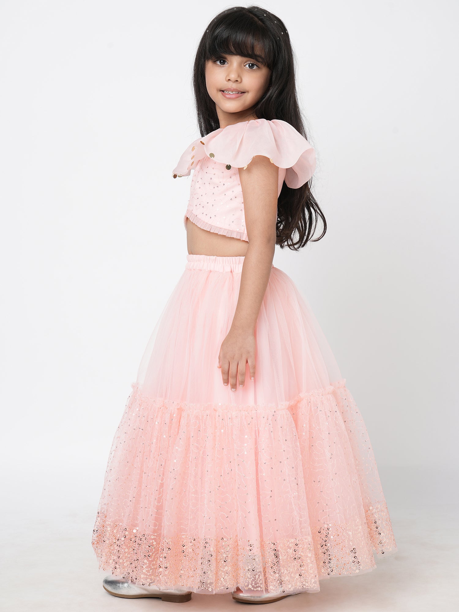 Paris Nights Girls Peach Sequin  Embroidered Lehanga Choli