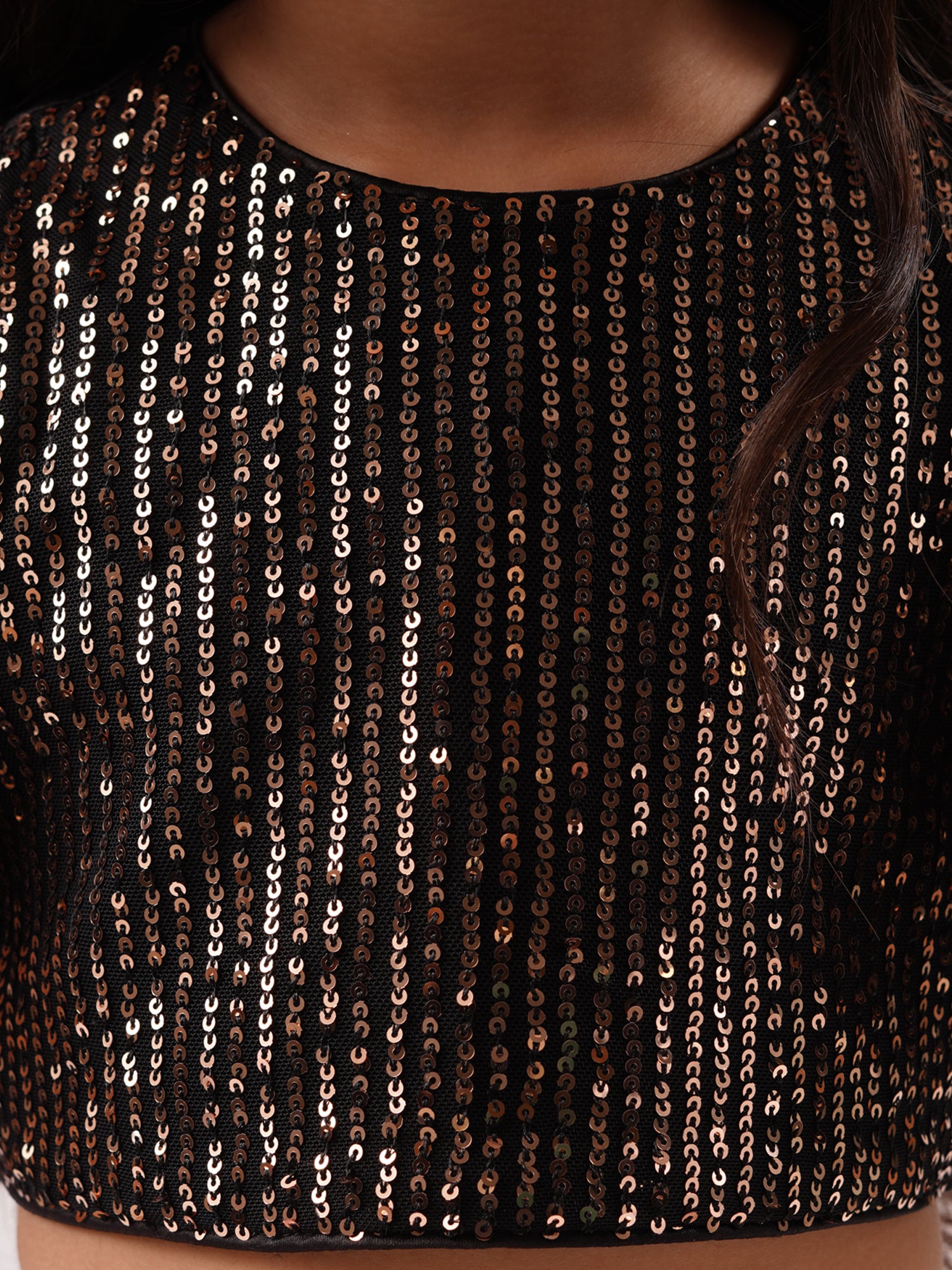 Paris Nights Girls Peach Sequin Choli Printed Lehanga