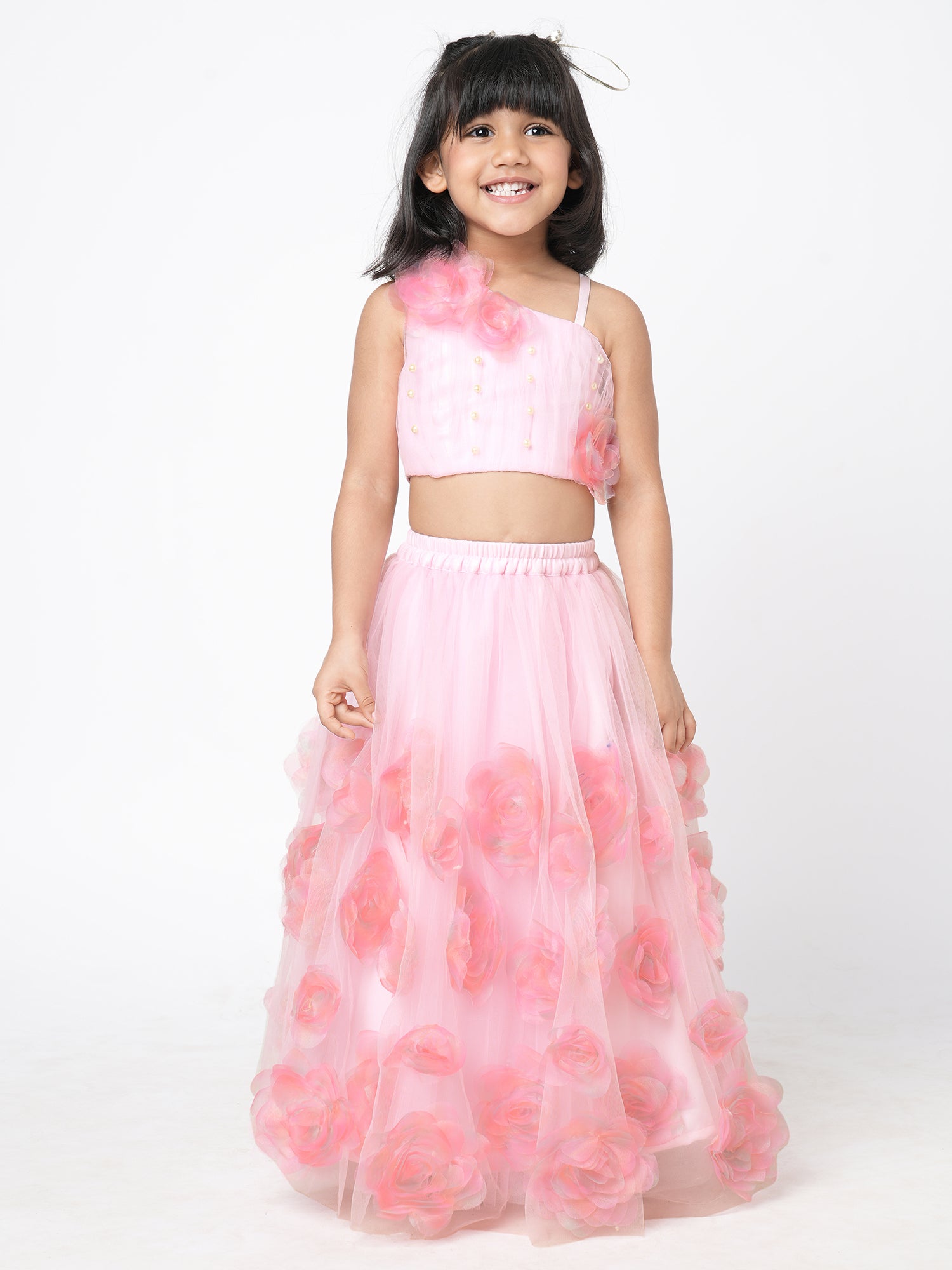 Paris Nights Girls Pink 3D Flower Embellished Lehanga Top