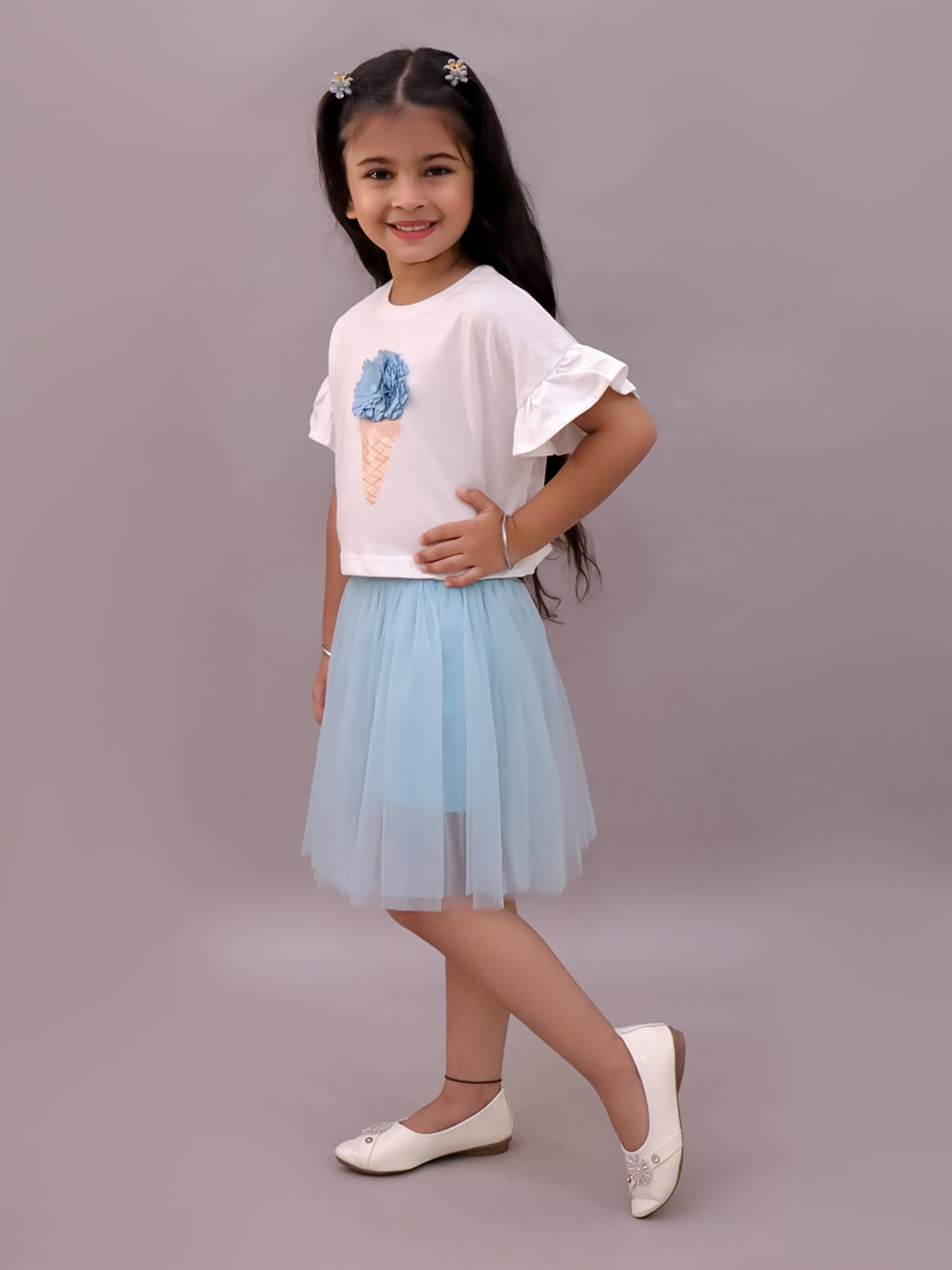Paris Night White T-shirt with Blue Skirt Set For Girls