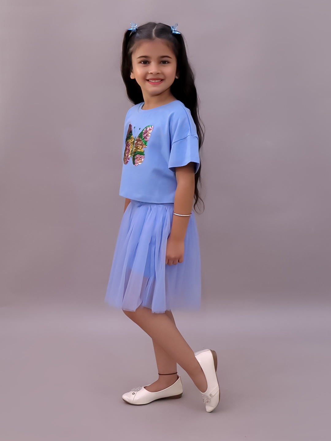 Paris Night Blue T-shirt with Skirt Set For Girls