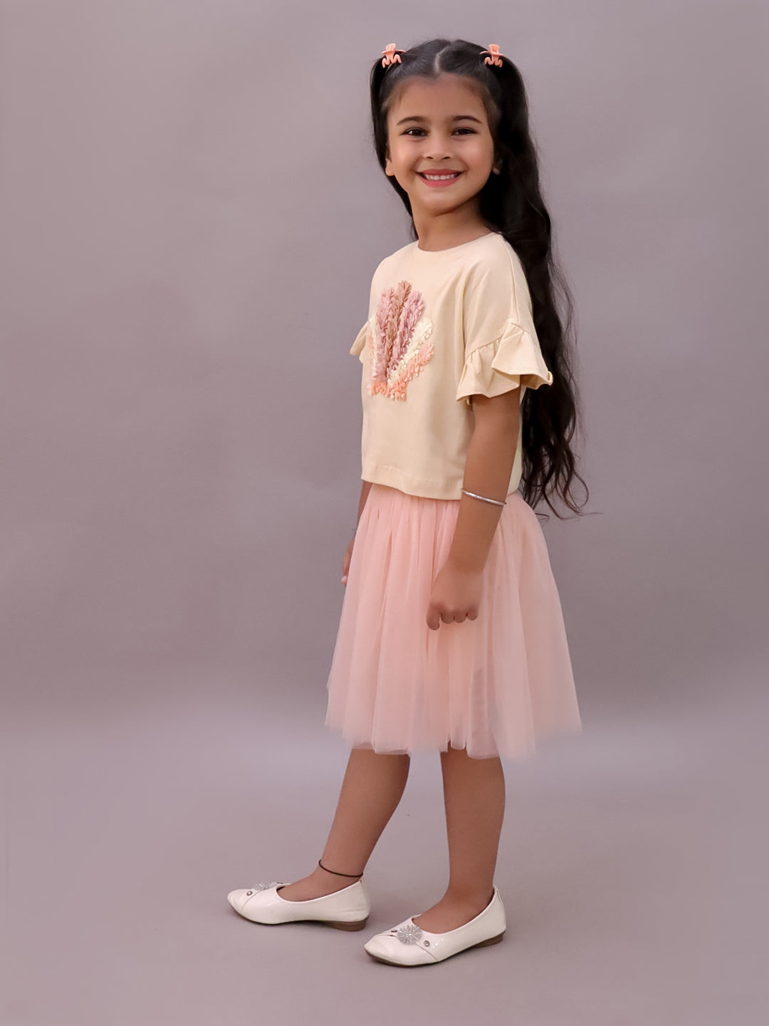 Paris Night Off White T-shirt with Peach Skirt Set For Girls