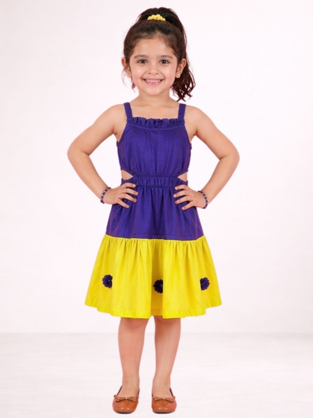 Petal Play Girls Cotton Purple and Yellow Dress