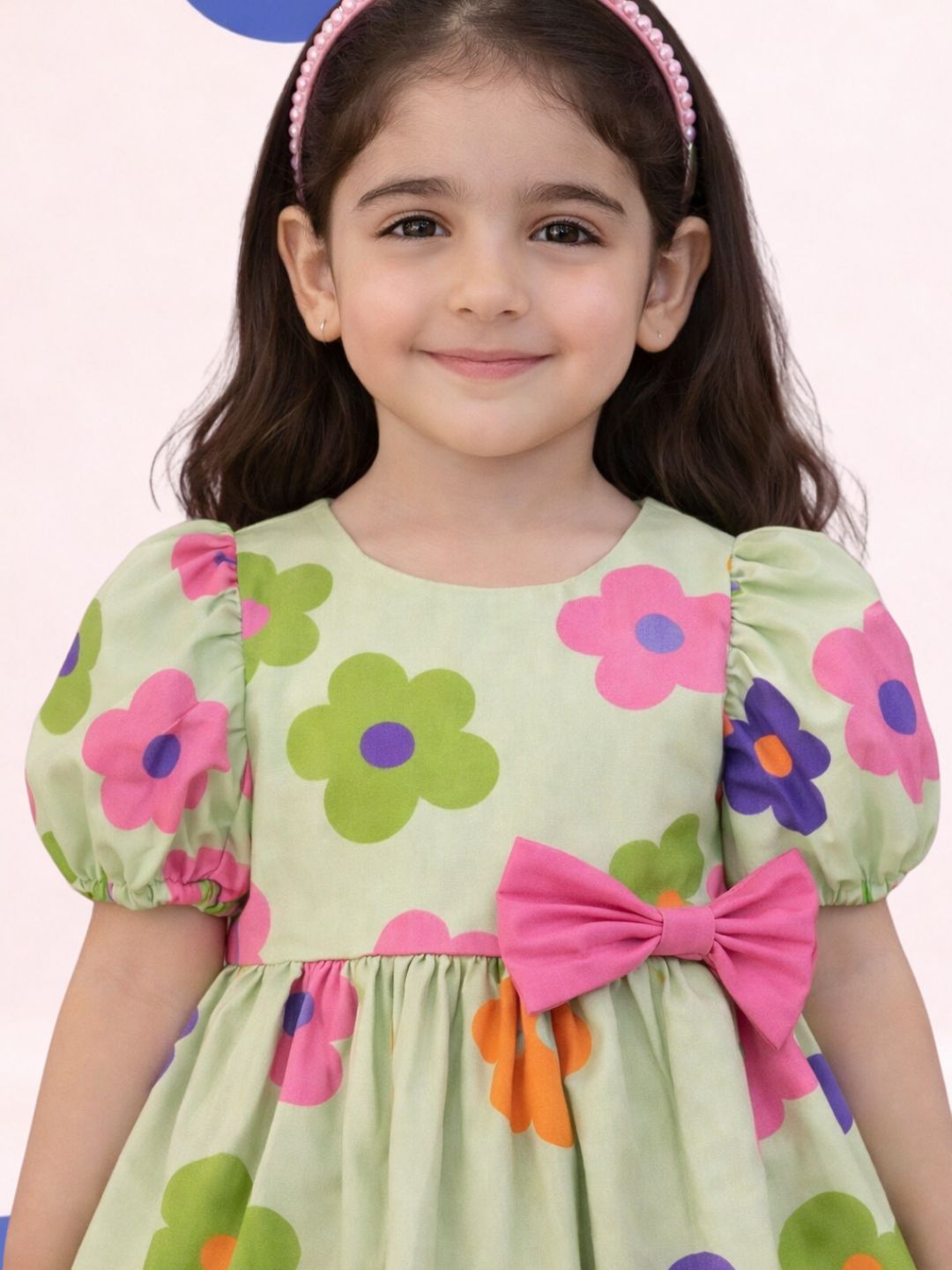 Petal Play Girls Cotton Green Floral Dress