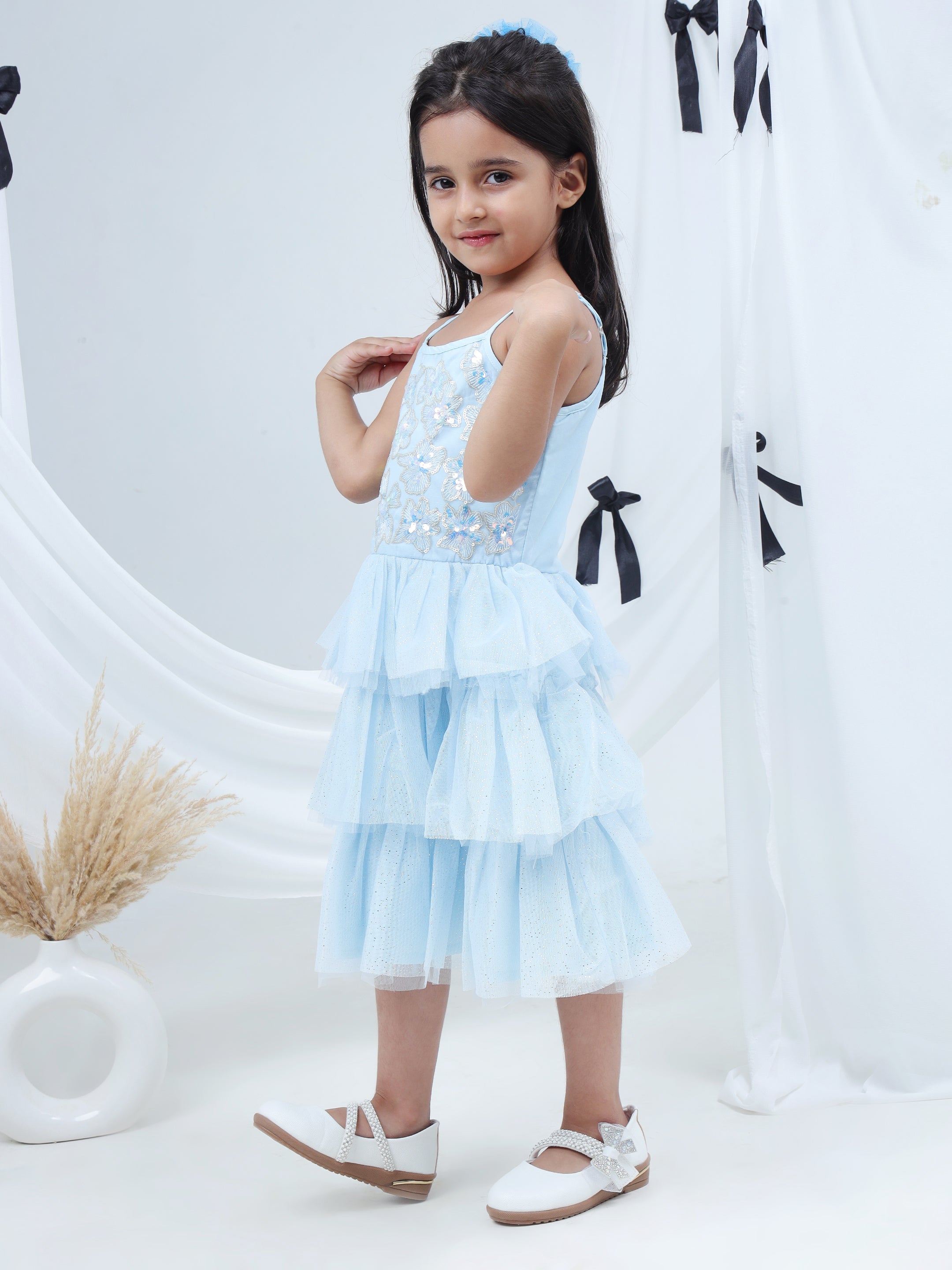 Razzle Dazzle Sky Blue Party Dress with Shrug for Girls