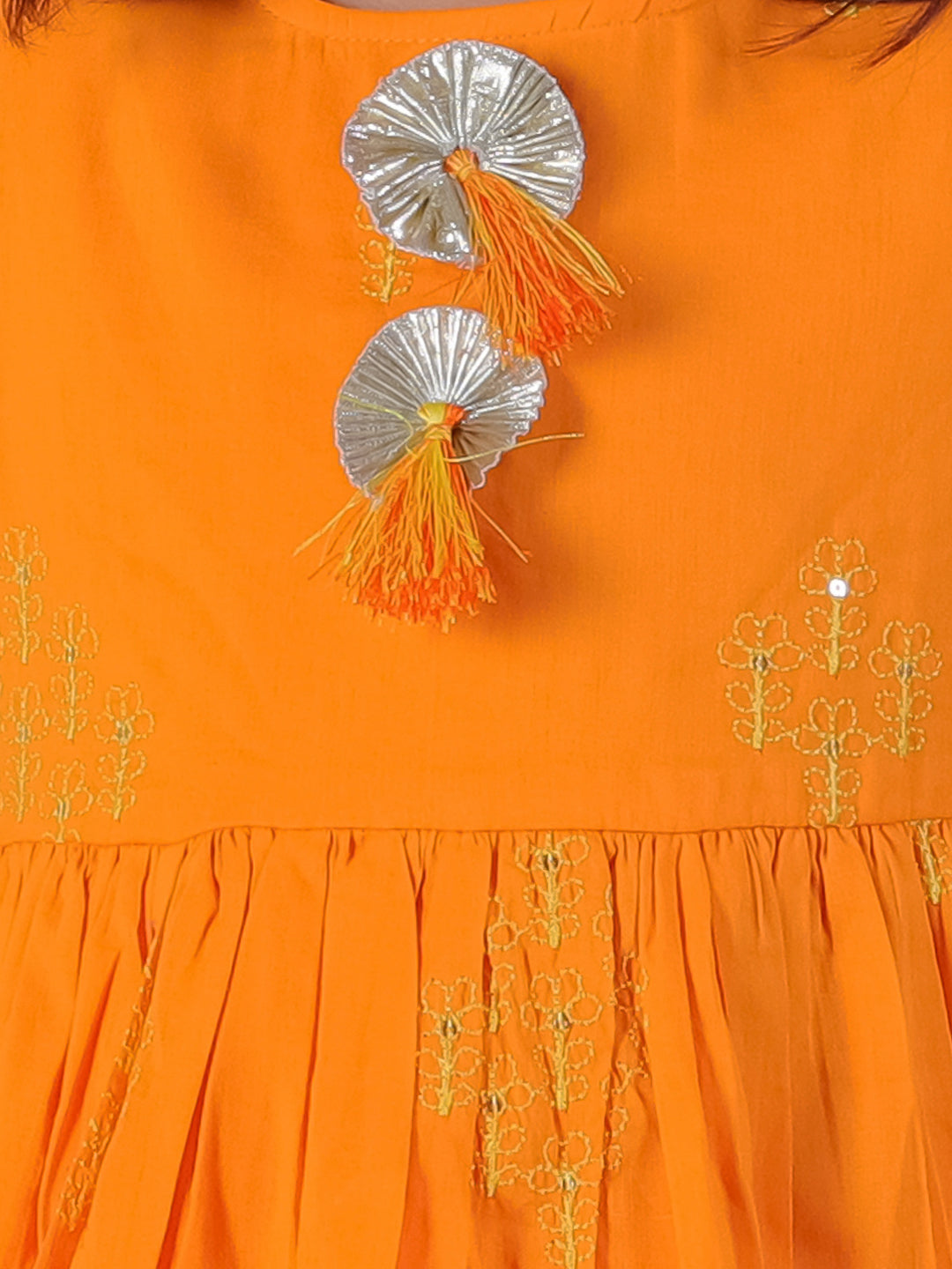 Marigold magic Girls Orange Cotton Kurta and White Pyjama Ethnic Set