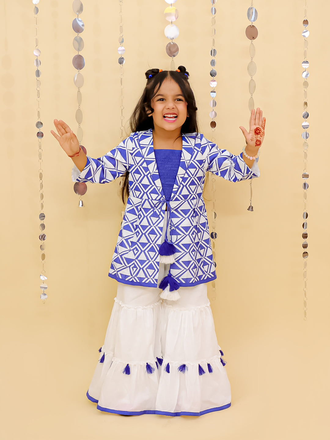 Shor-Gul Blue Kurta Sharara and Bustier Set For Girls