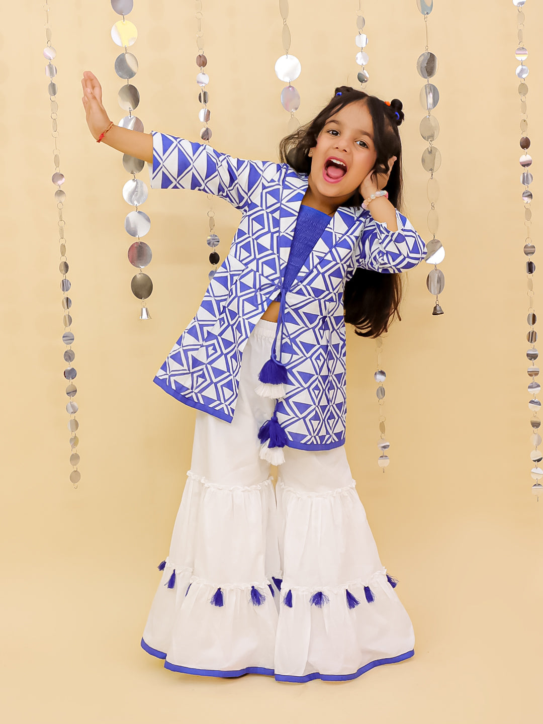 Shor-Gul Blue Kurta Sharara and Bustier Set For Girls