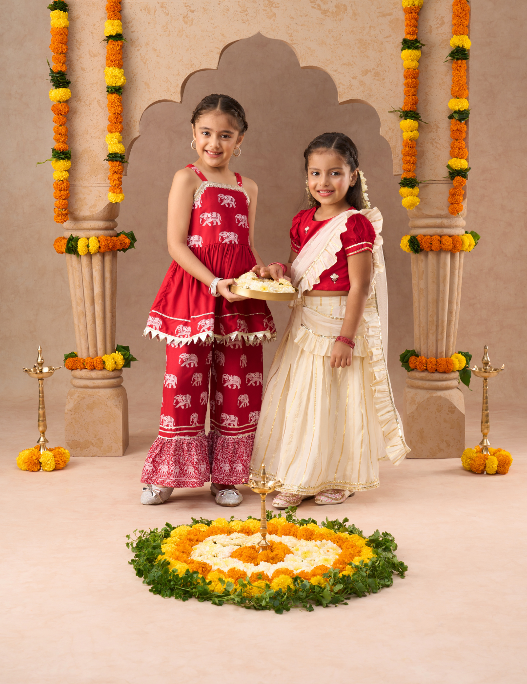 Girls Stylish Off White Lehenga with Red Choli and Dupatta Set