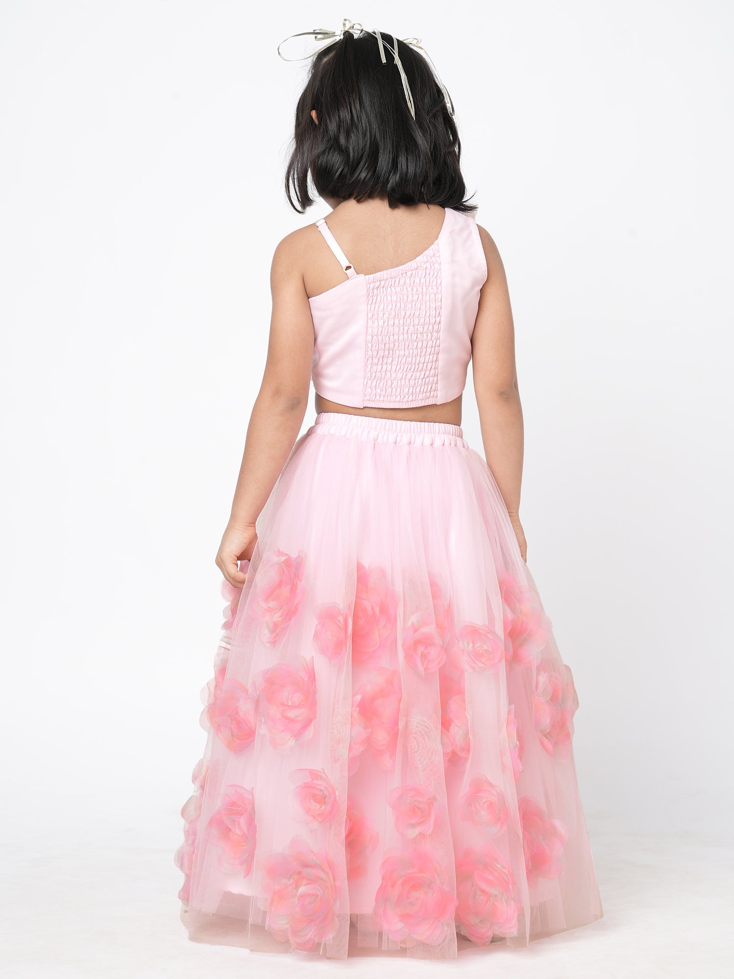 Paris Nights Girls Pink 3D Flower Embellished Lehanga Top