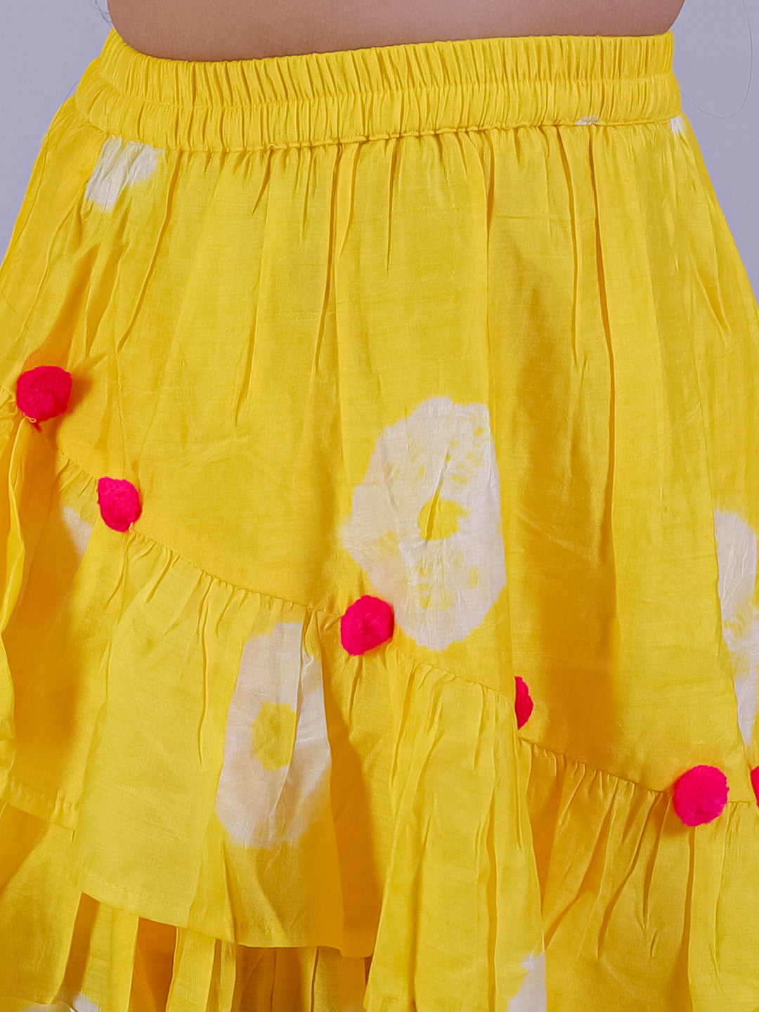 Shibori Print White Top with Yellow Skirt Set For Girls