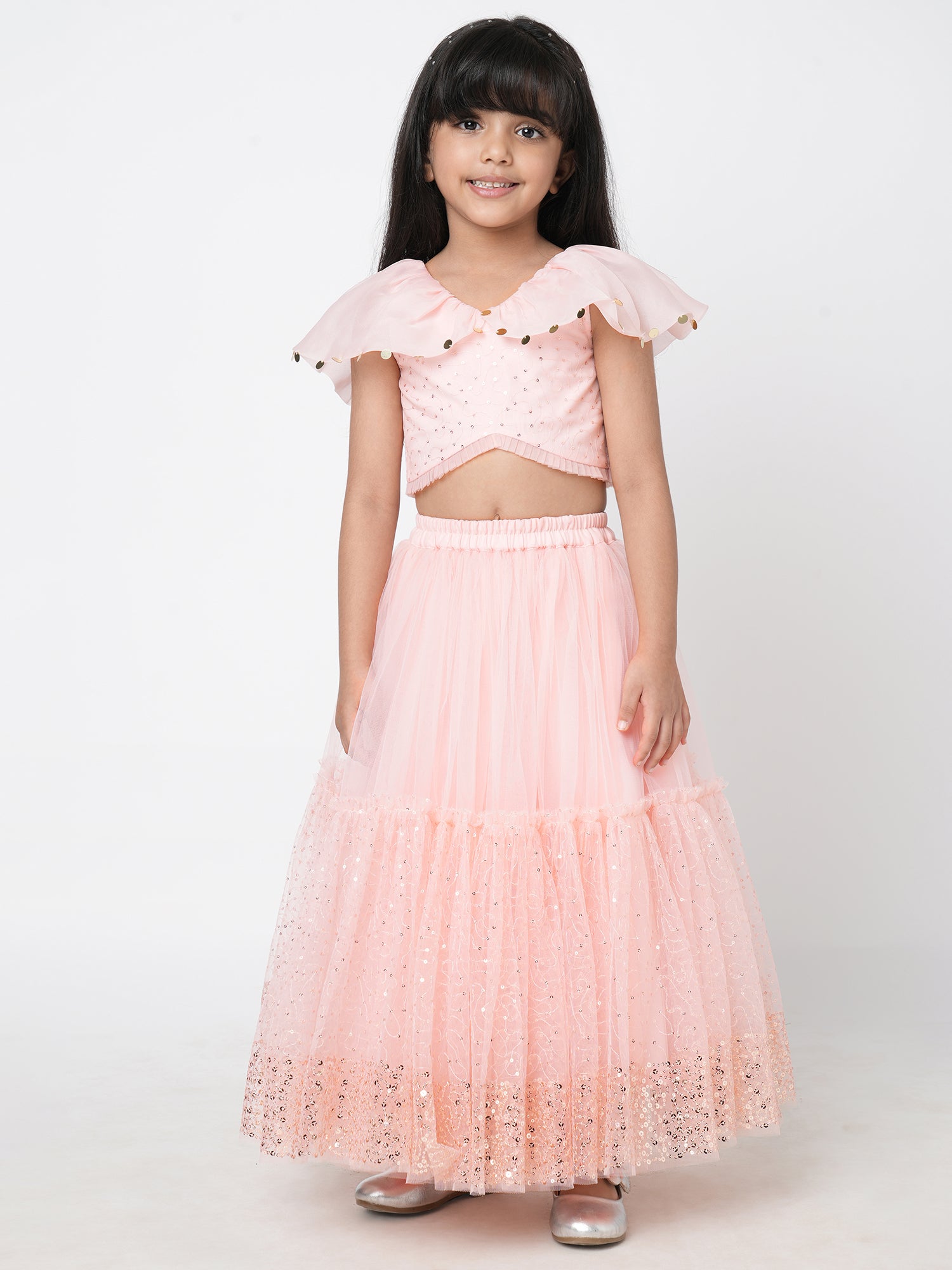 Paris Nights Girls Peach Sequin  Embroidered Lehanga Choli