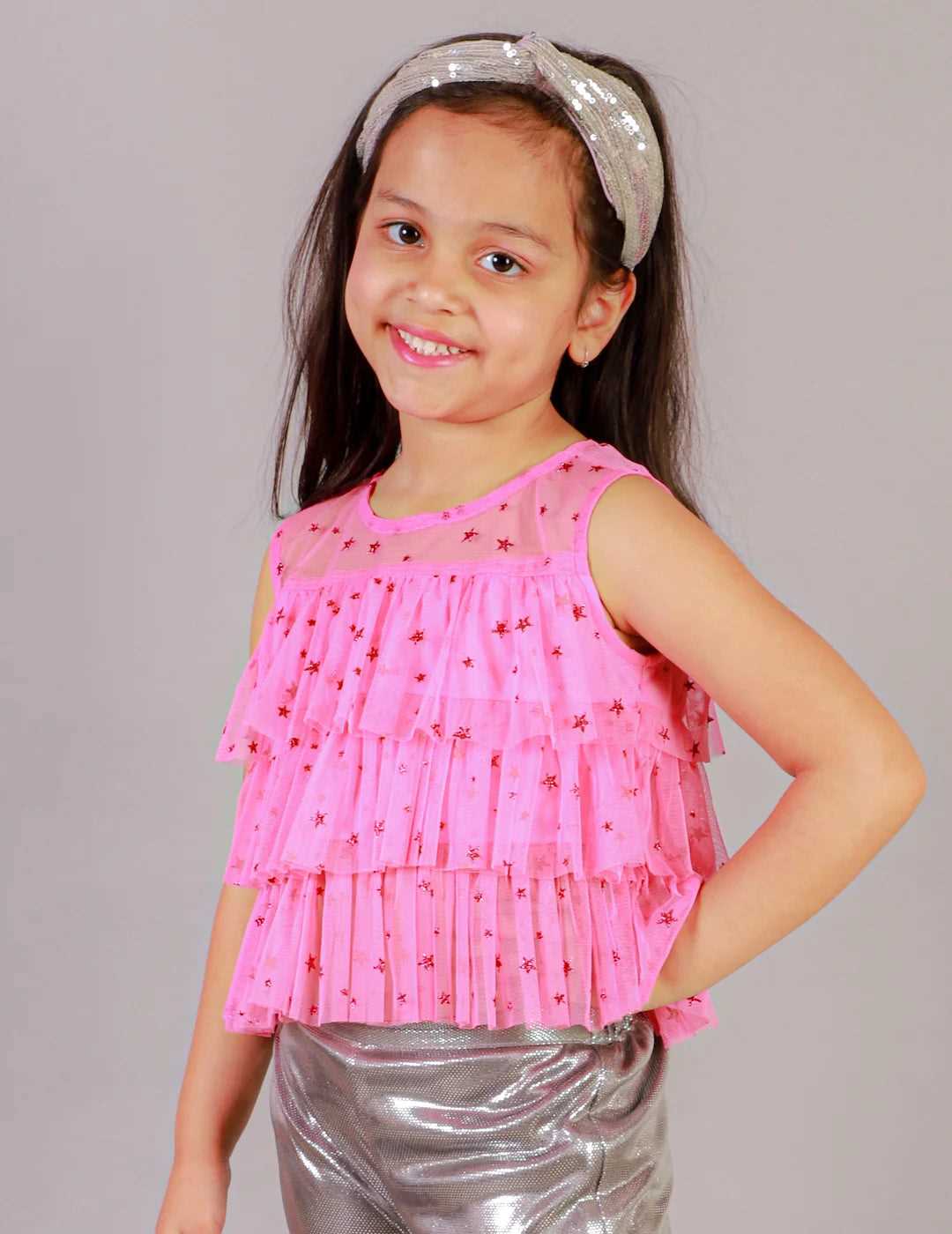 Girls Net Glitter print Ruffle Party Top