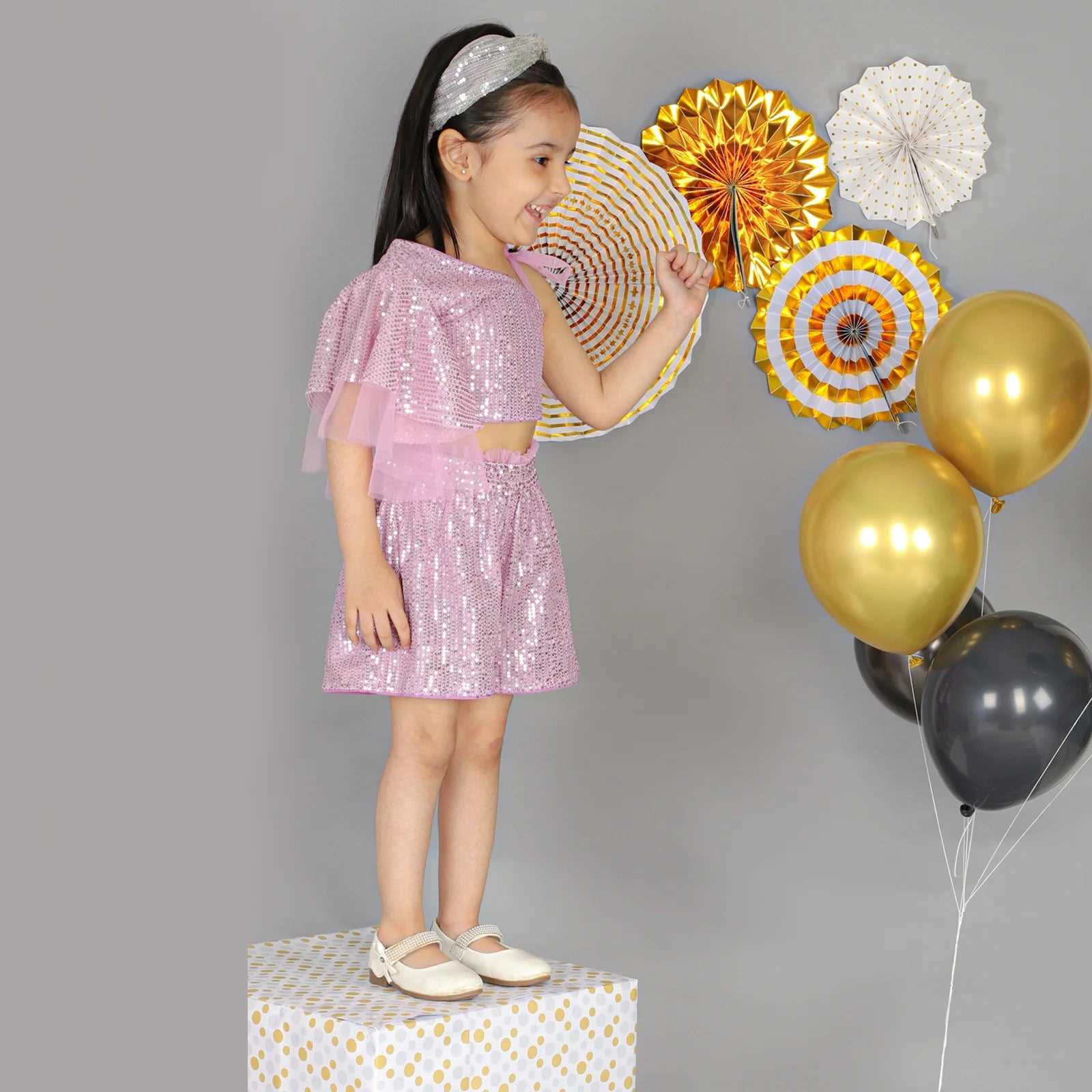 Girls Coord sets, Stylish Sequence One sided ruffle sleeve Top With Sequence Shorts