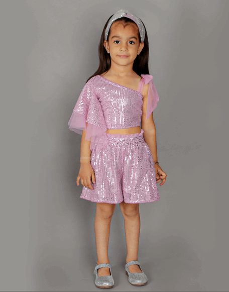 Girls Coord sets, Stylish Sequence One sided ruffle sleeve Top With Sequence Shorts