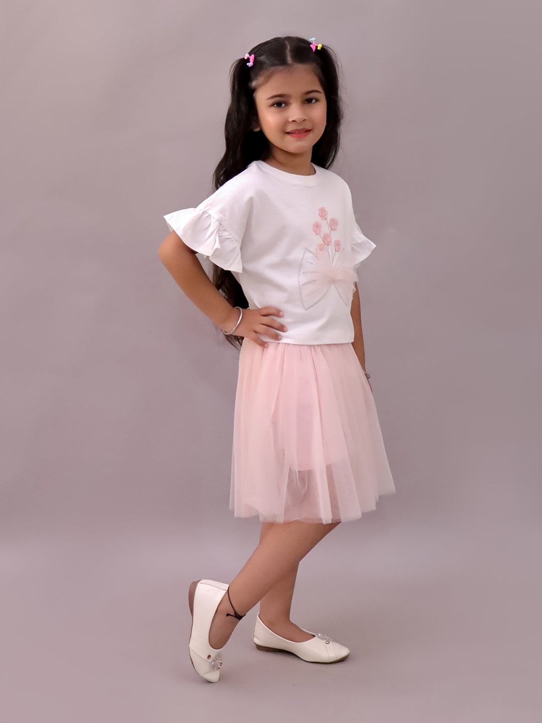 Paris Night White T-shirt with Pink Skirt Set For Girls