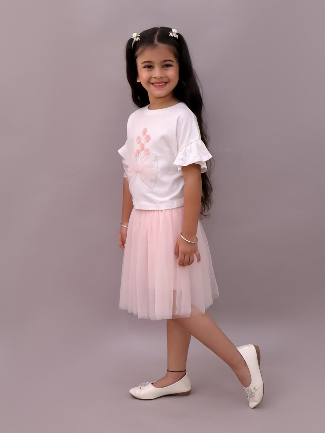 Paris Night White T-shirt with Pink Skirt Set For Girls