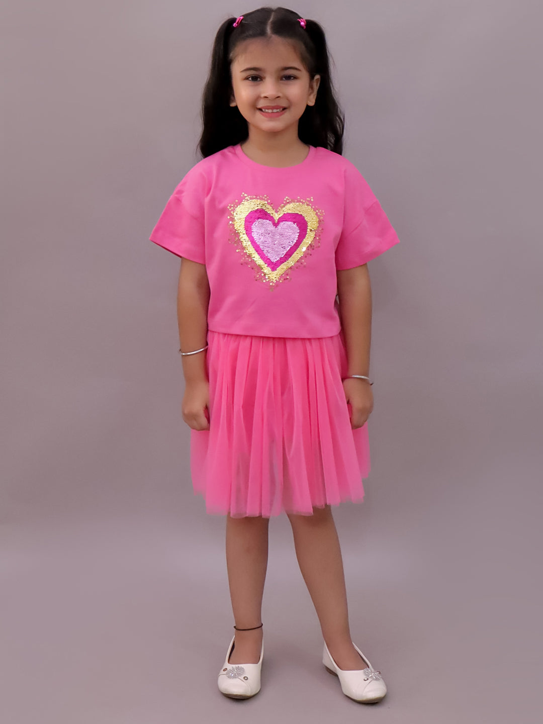 Paris Night Pink T-shirt with Skirt Set For Girls