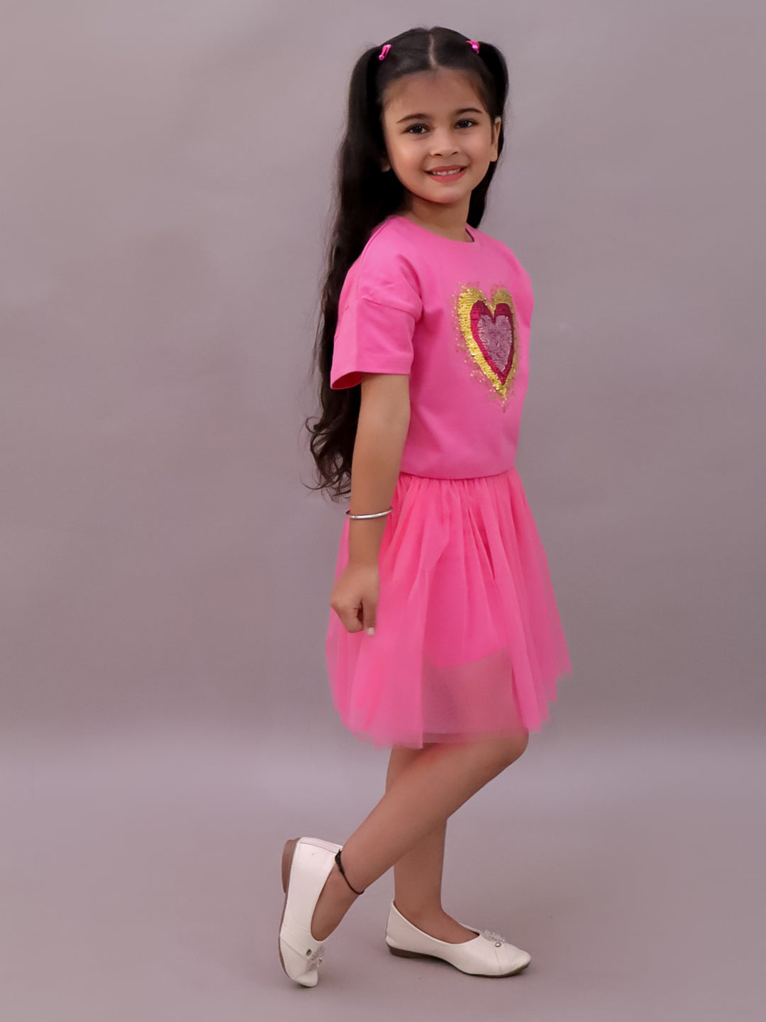 Paris Night Pink T-shirt with Skirt Set For Girls