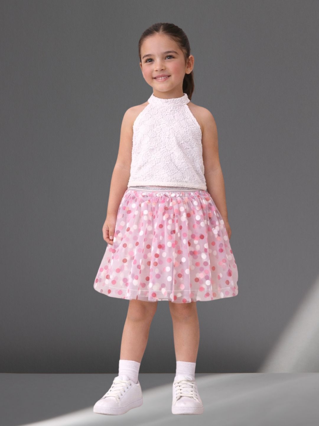 Rainbow Girls White Stylish Top with Pink Skirt Party Co-ordinate Set