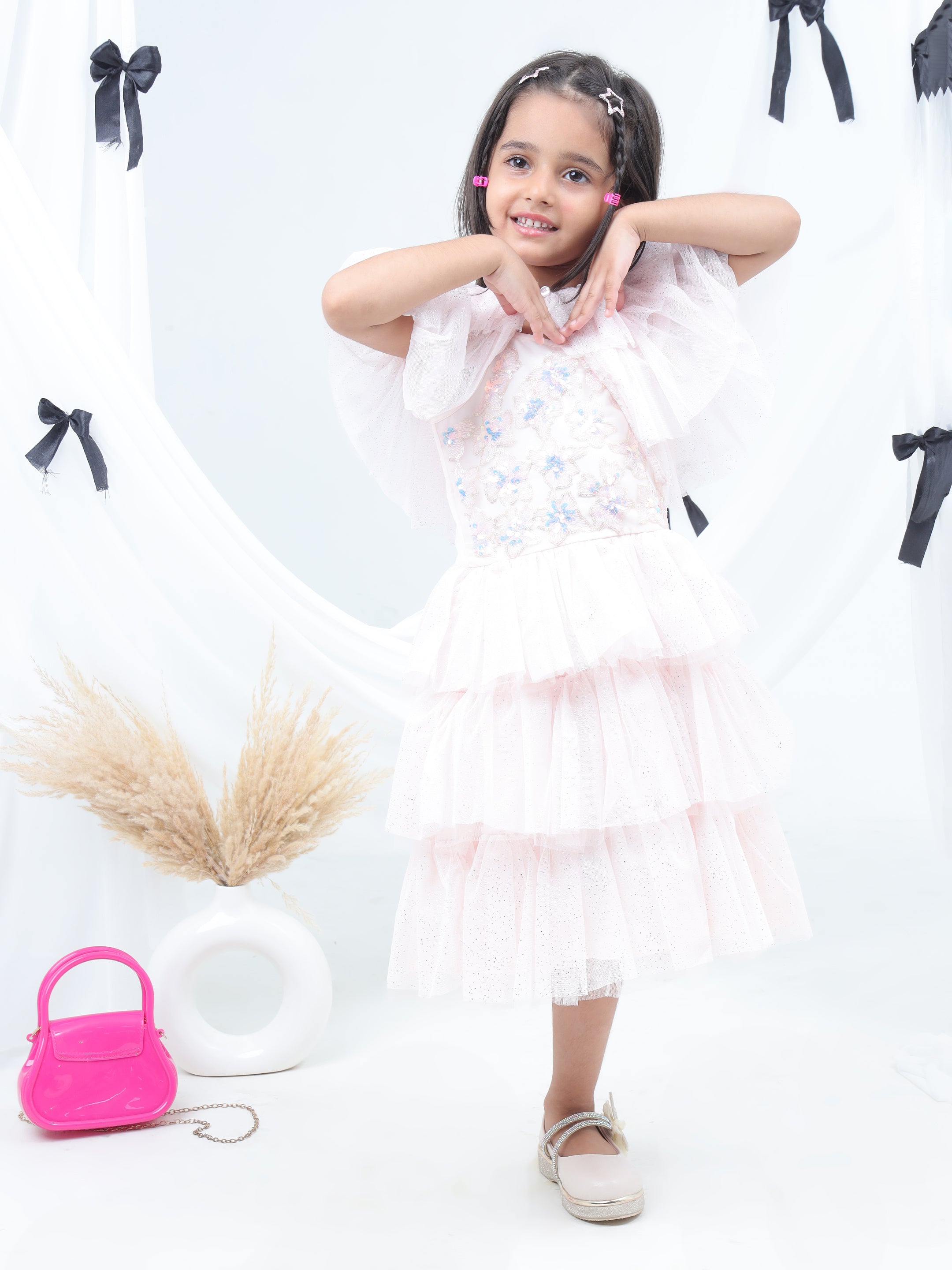 Razzle Dazzle Baby Pink Party Dress with Shrug for Girls