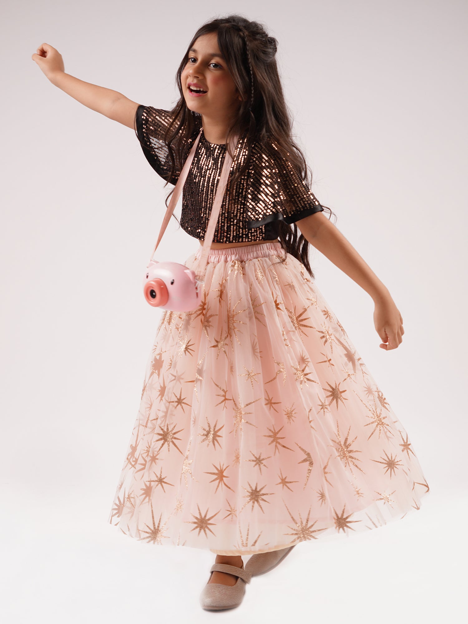 Paris Nights Girls Peach Sequin Choli Printed Lehanga