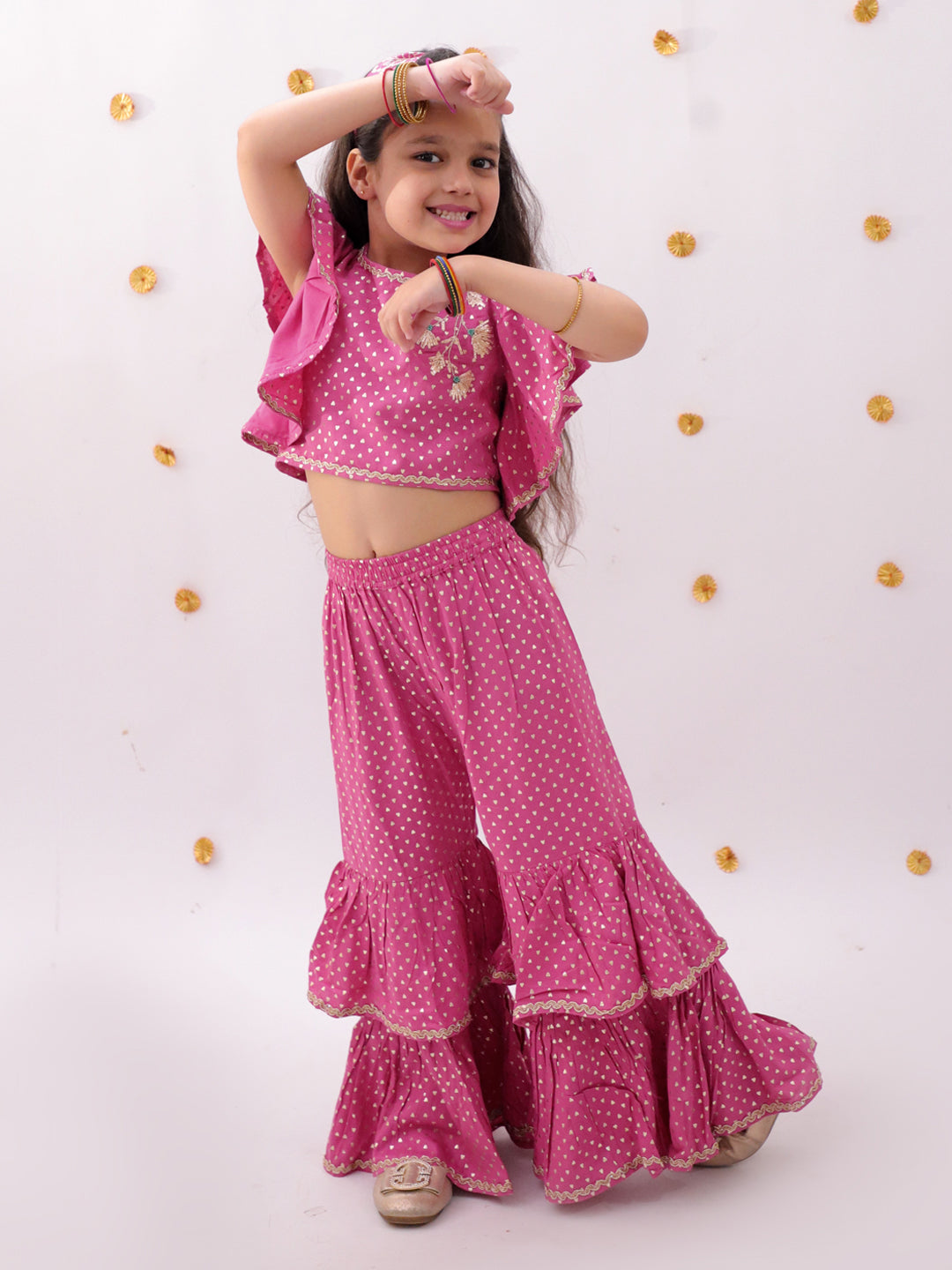 Khilkhilahat Pink Crop Top and Flare Pant Set For Girls