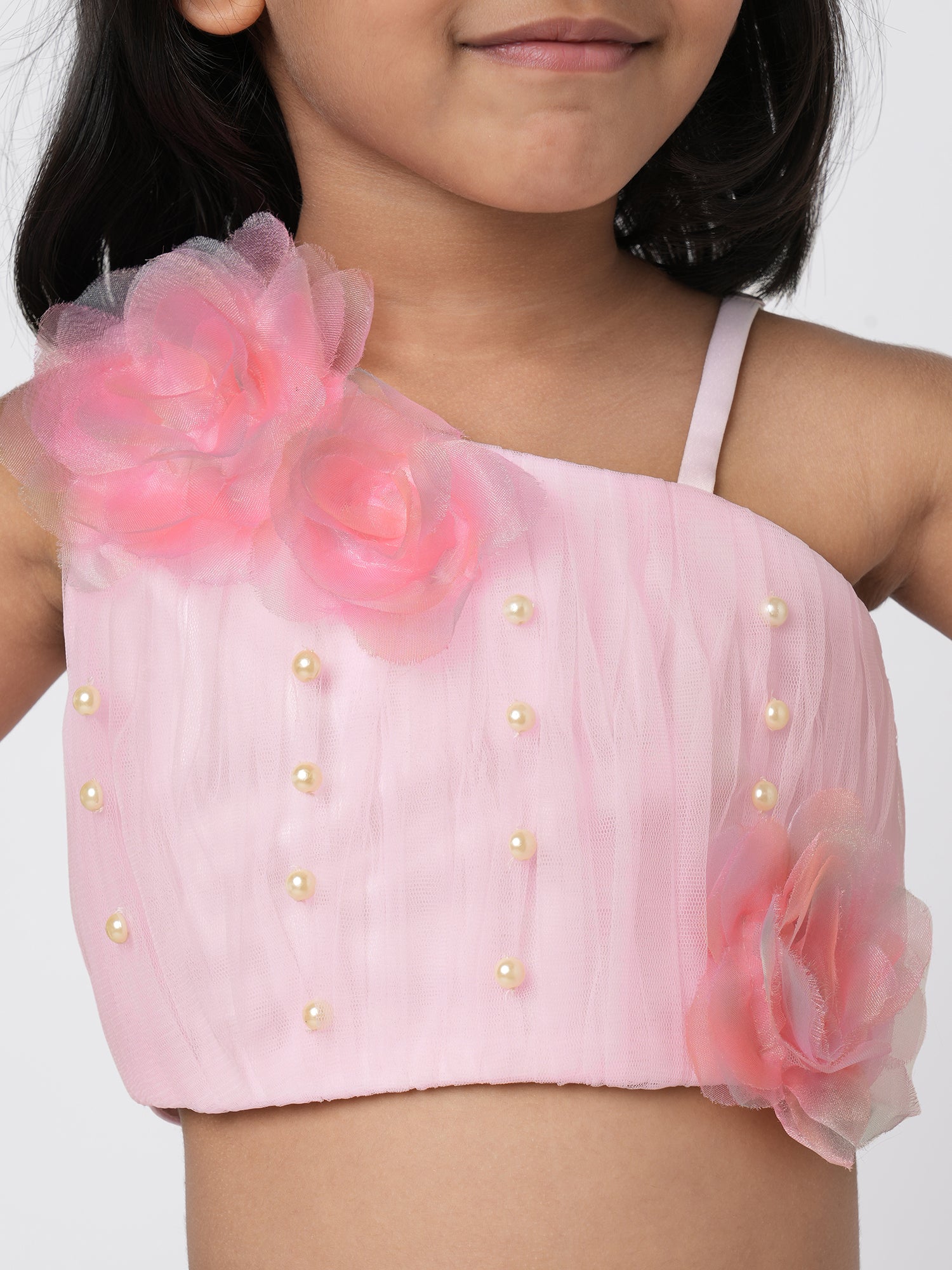 Paris Nights Girls Pink 3D Flower Embellished Lehanga Top