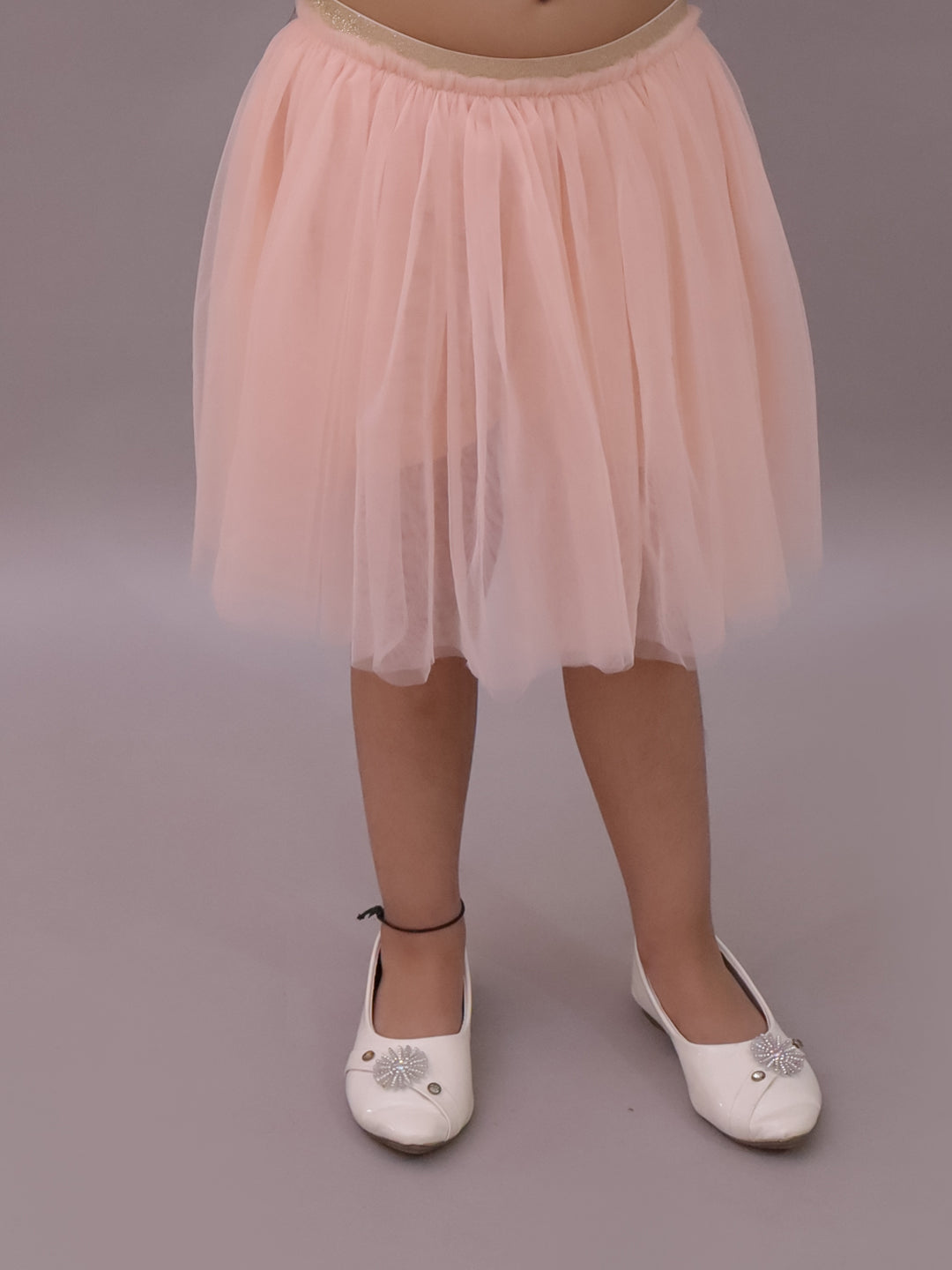 Paris Night Off White T-shirt with Peach Skirt Set For Girls